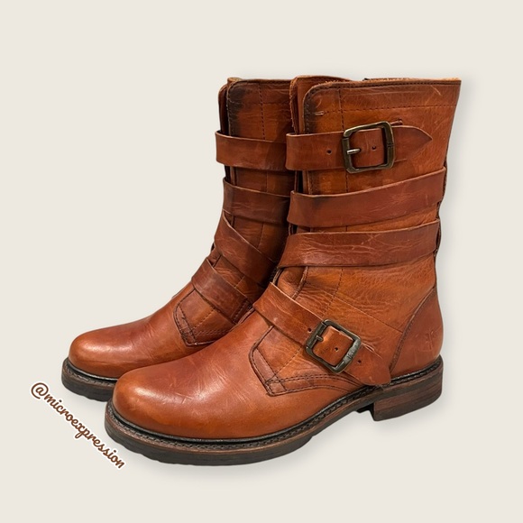 $389 Veronica Tanker Cognac Brown Real Leather Strappy Belted Moto Combat Boots - Picture 7 of 14